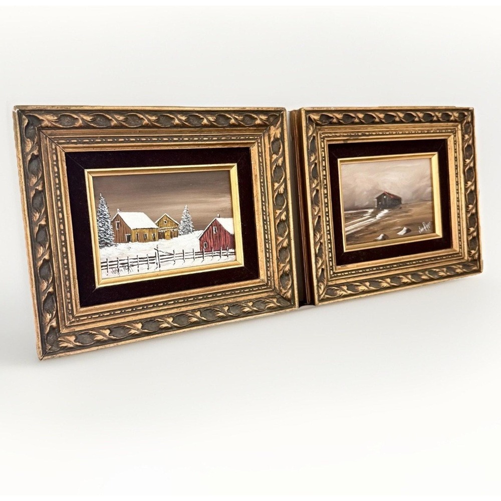 Vintage Oil Paintings Pair Gallery Wall Ornate Gold Wood Frames Cottage Wall Art